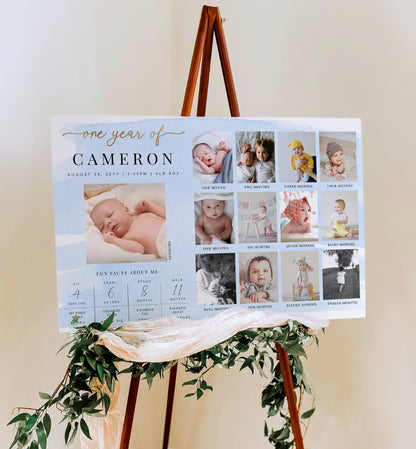 Watercolour Blue | Printable First Year Photo Timeline Sign Template