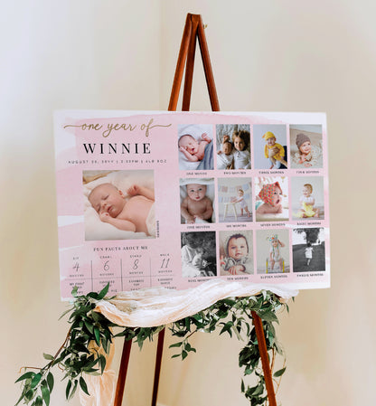 Watercolour Pink | Printable First Year Photo Timeline Sign Template