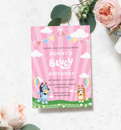 Bluey Pink | Printable Birthday Invitation Template