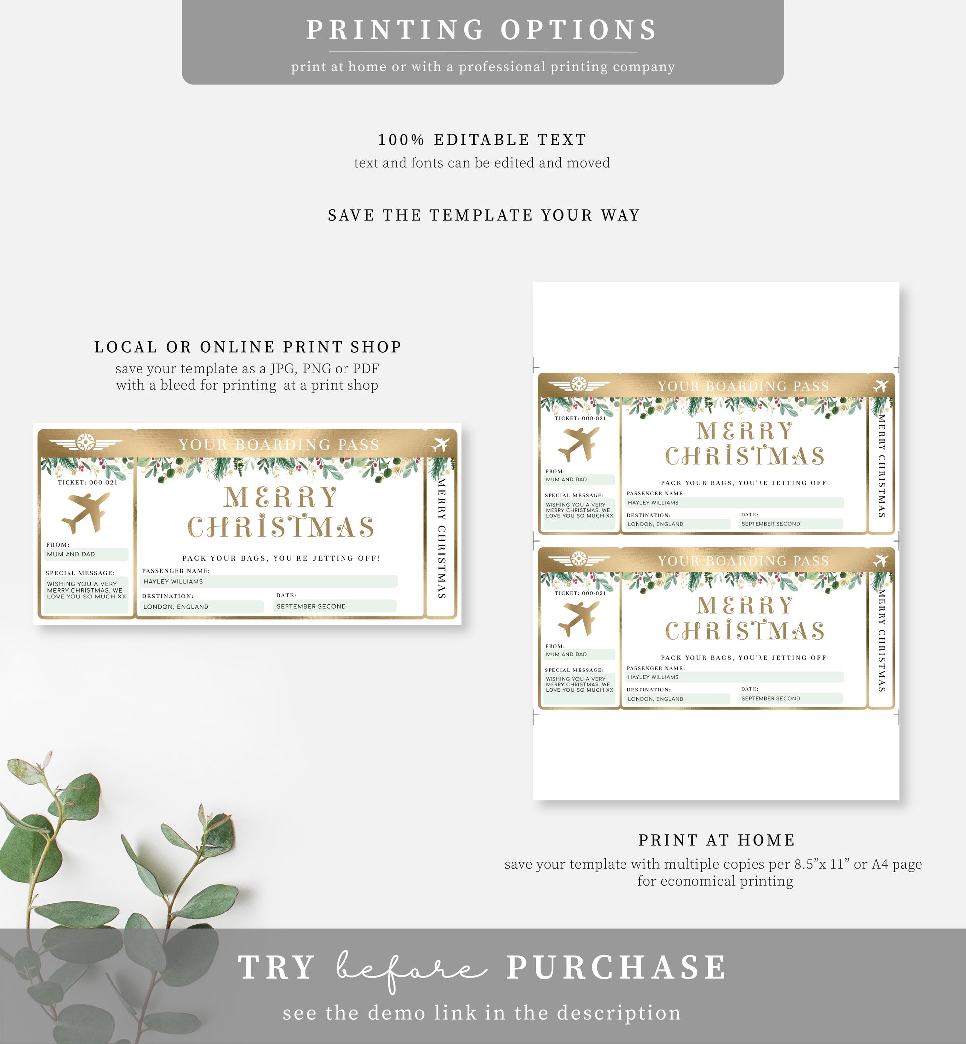 Merriment Christmas | Printable Merry Christmas Boarding Pass - Black Bow Studio