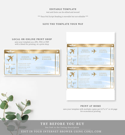 Watercolour Blue | Printable Boarding Pass - Black Bow Studio