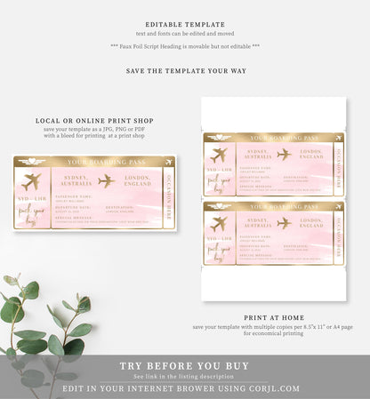 Watercolour Pink | Printable Boarding Pass - Black Bow Studio