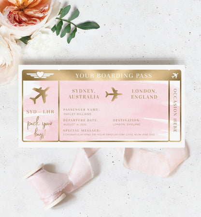 Watercolour Pink | Printable Boarding Pass - Black Bow Studio