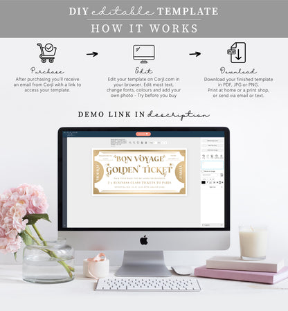 Golden Ticket Gold | Printable Bon Voyage Custom Gift Voucher Template