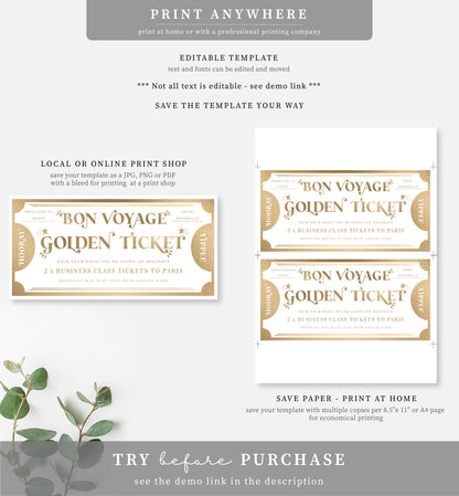 Golden Ticket Gold | Printable Bon Voyage Custom Gift Voucher Template