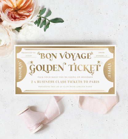 Golden Ticket Gold | Printable Bon Voyage Custom Gift Voucher Template