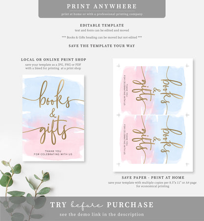 Watercolour Pink Blue | Printable Books and Gifts Sign