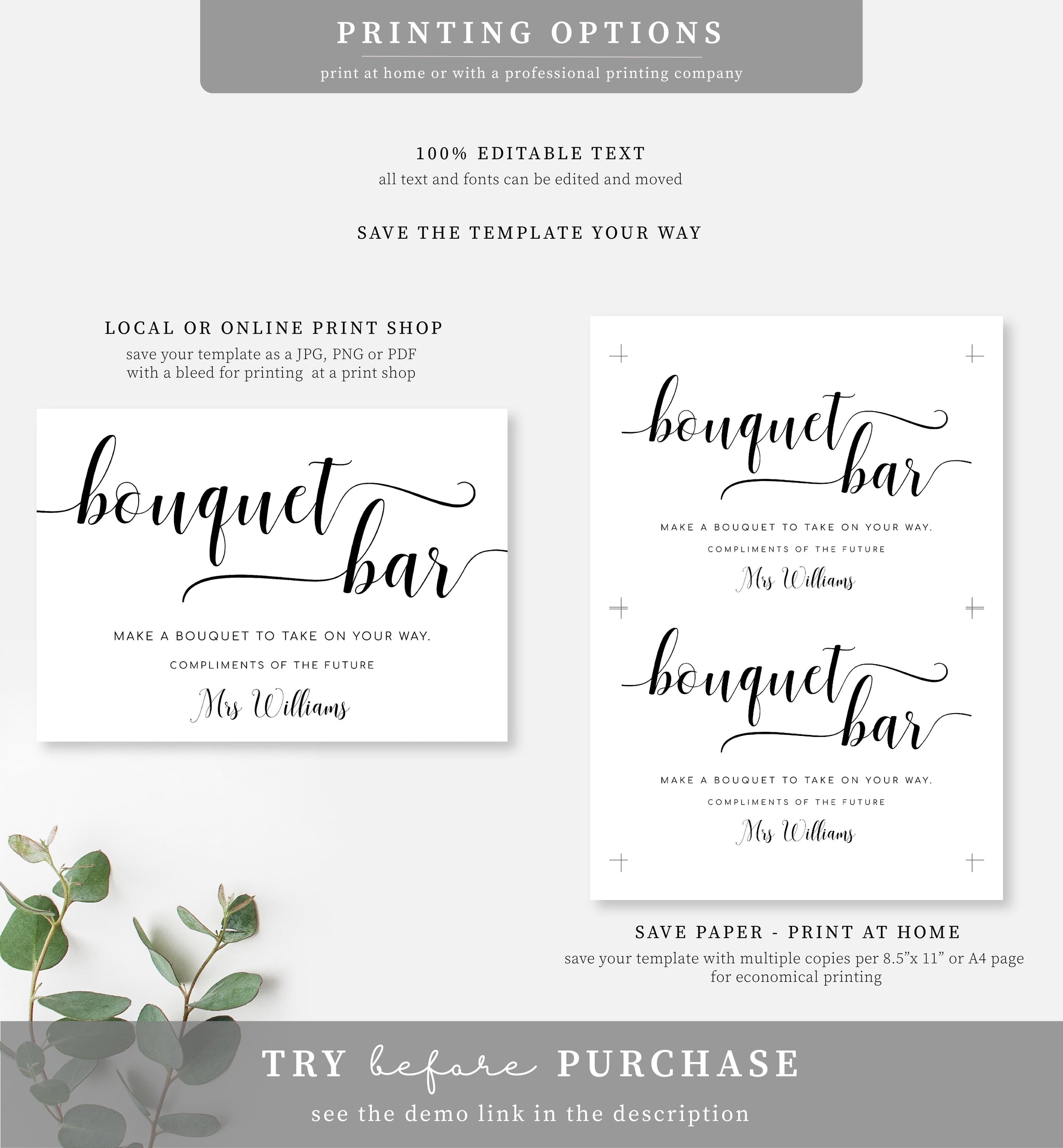 Leyton Script | Printable Bouquet Bar Sign – Black Bow Studio