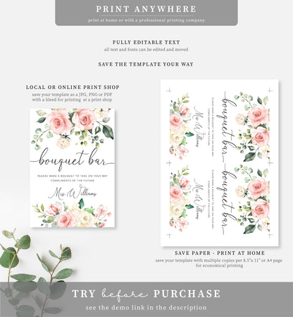 Darcy Floral Pink | Printable Bouquet Bar Sign Template