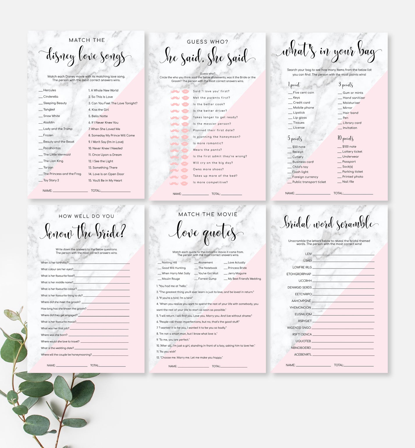 Marble Pink | Printable Bridal Shower Games Bundle – Black Bow Studio