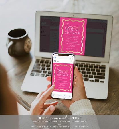 Wave Hot Pink Gold | Printable Bridal Shower Invitation Template