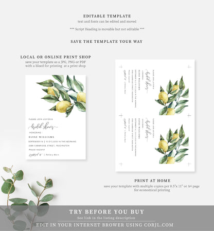 Tuscan Lemons | Printable Bridal Shower Invitation Suite - Black Bow Studio