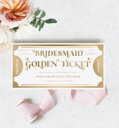 Golden Ticket Gold | Printable Bridesmaid Custom Gift Voucher Template