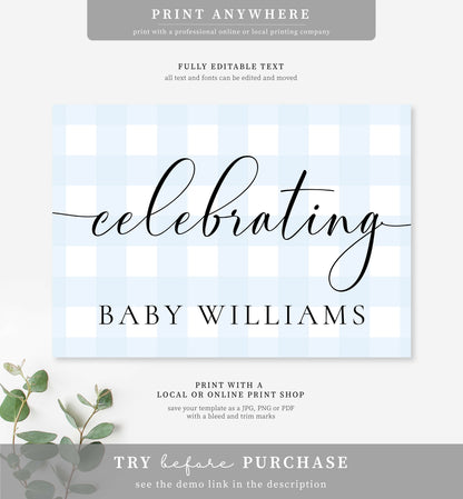 Gingham Blue | Printable Celebrating Welcome Sign Template