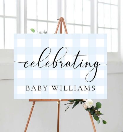 Gingham Blue | Printable Celebrating Welcome Sign Template