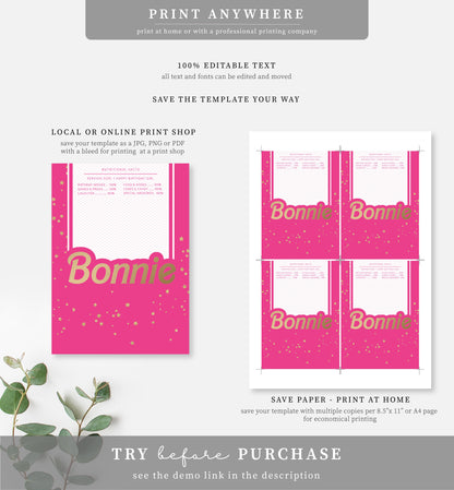 Barbie Party Hot Pink Gold | Printable Chocolate Bar Favour Wrappers Template