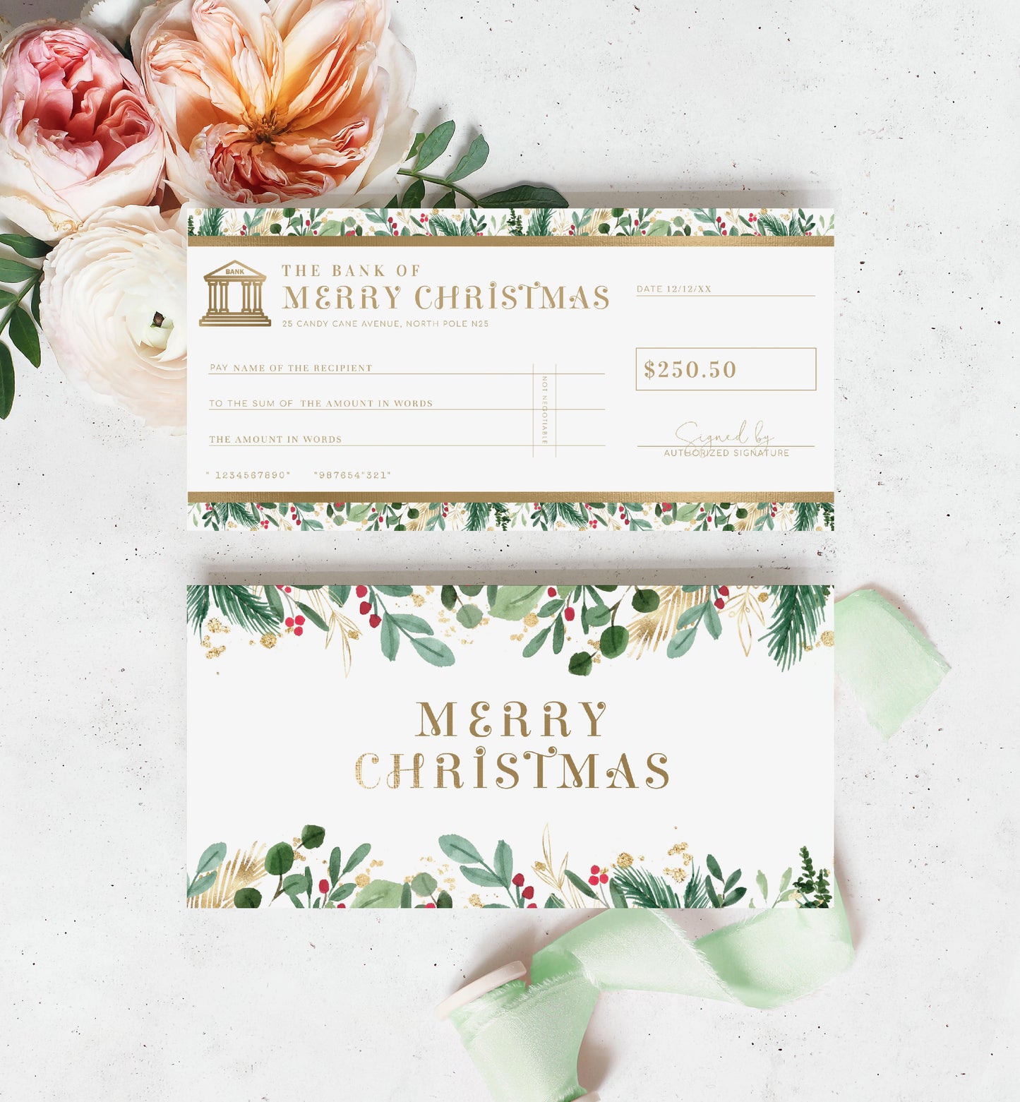 Merriment White Gold | Printable Christmas Cheque Gift Voucher