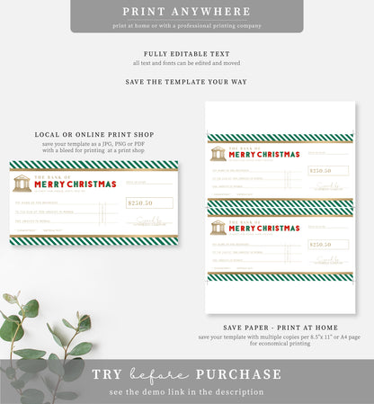 Stripe Green Gold | Printable Christmas Cheque Gift Voucher