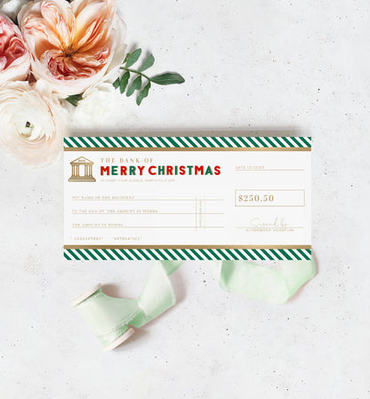 Stripe Green Gold | Printable Christmas Cheque Gift Voucher