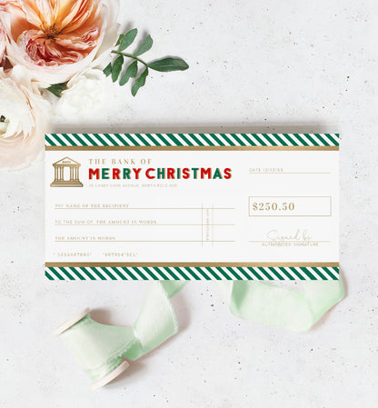 Stripe Green Gold | Printable Christmas Cheque Gift Voucher