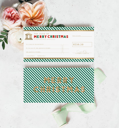 Stripe Green Gold | Printable Christmas Cheque Gift Voucher