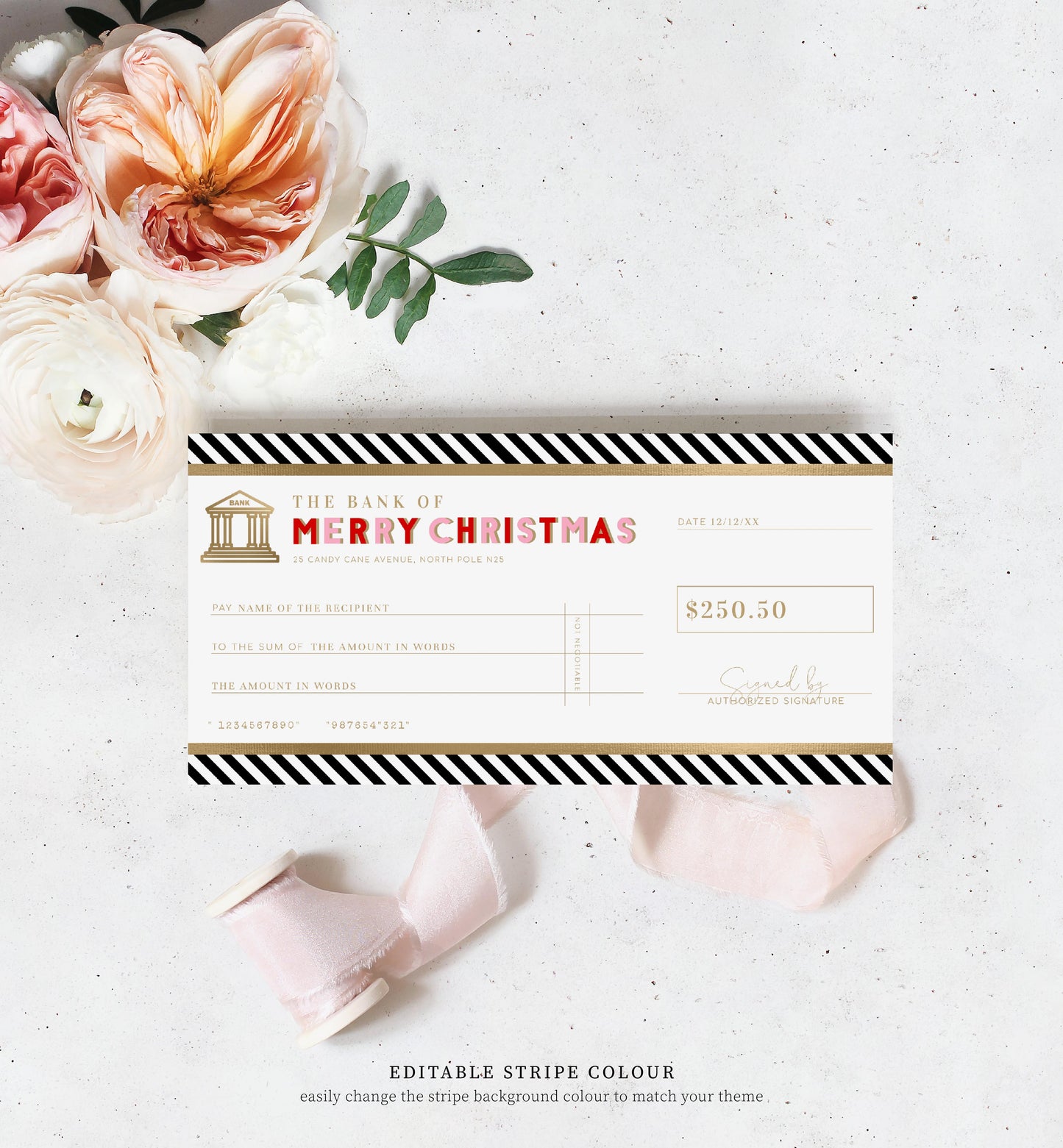 Stripe Pink Gold | Printable Christmas Cheque Gift Voucher