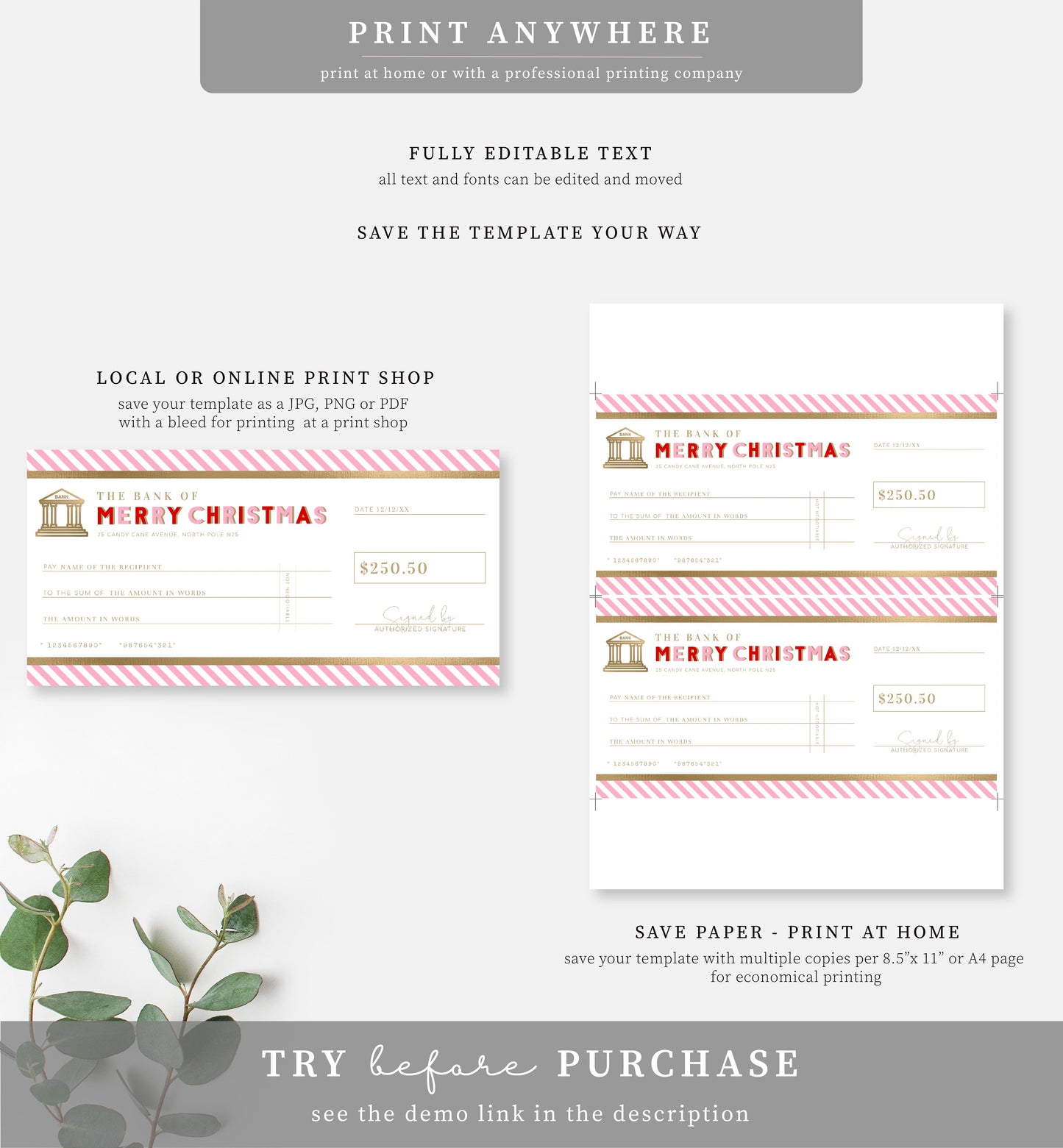 Stripe Pink Gold | Printable Christmas Cheque Gift Voucher