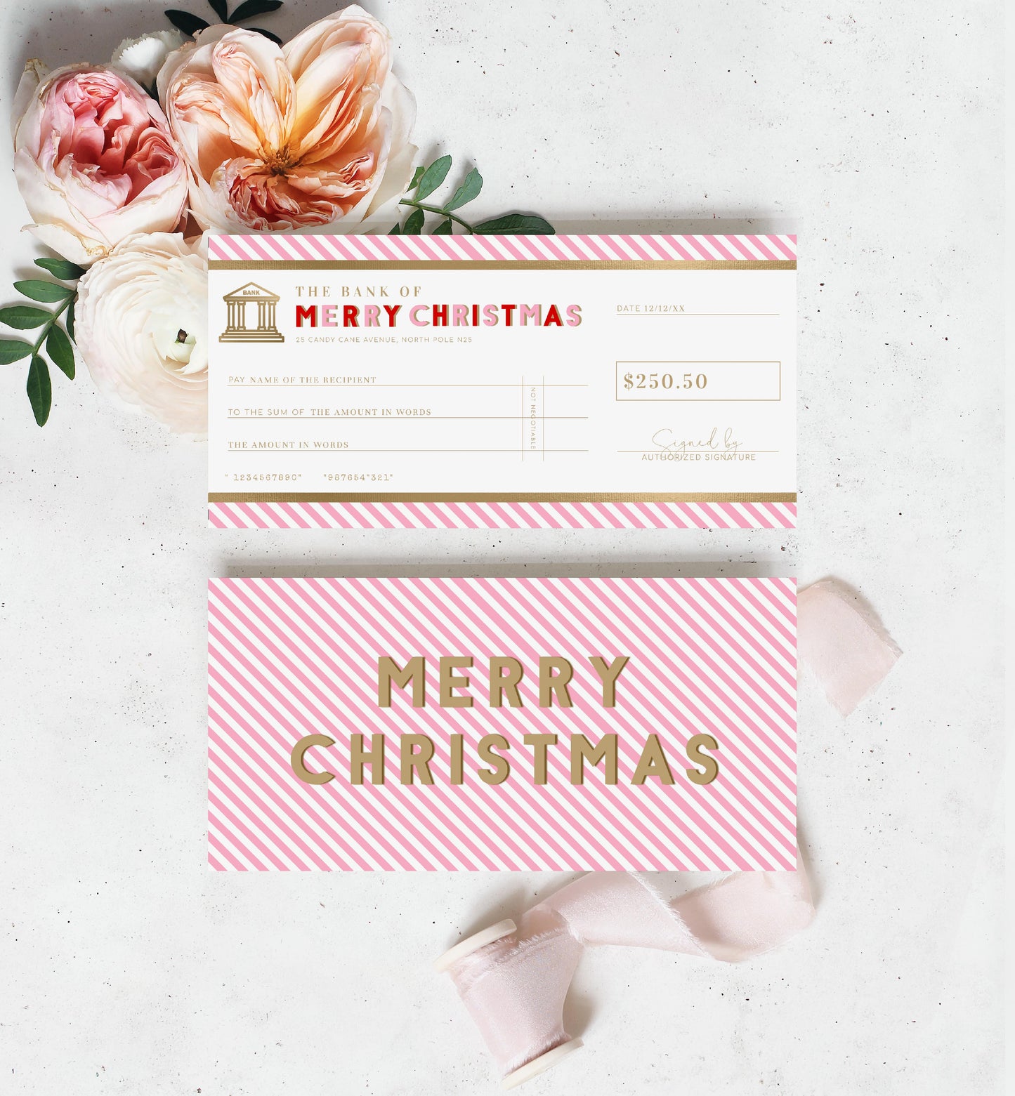 Stripe Pink Gold | Printable Christmas Cheque Gift Voucher