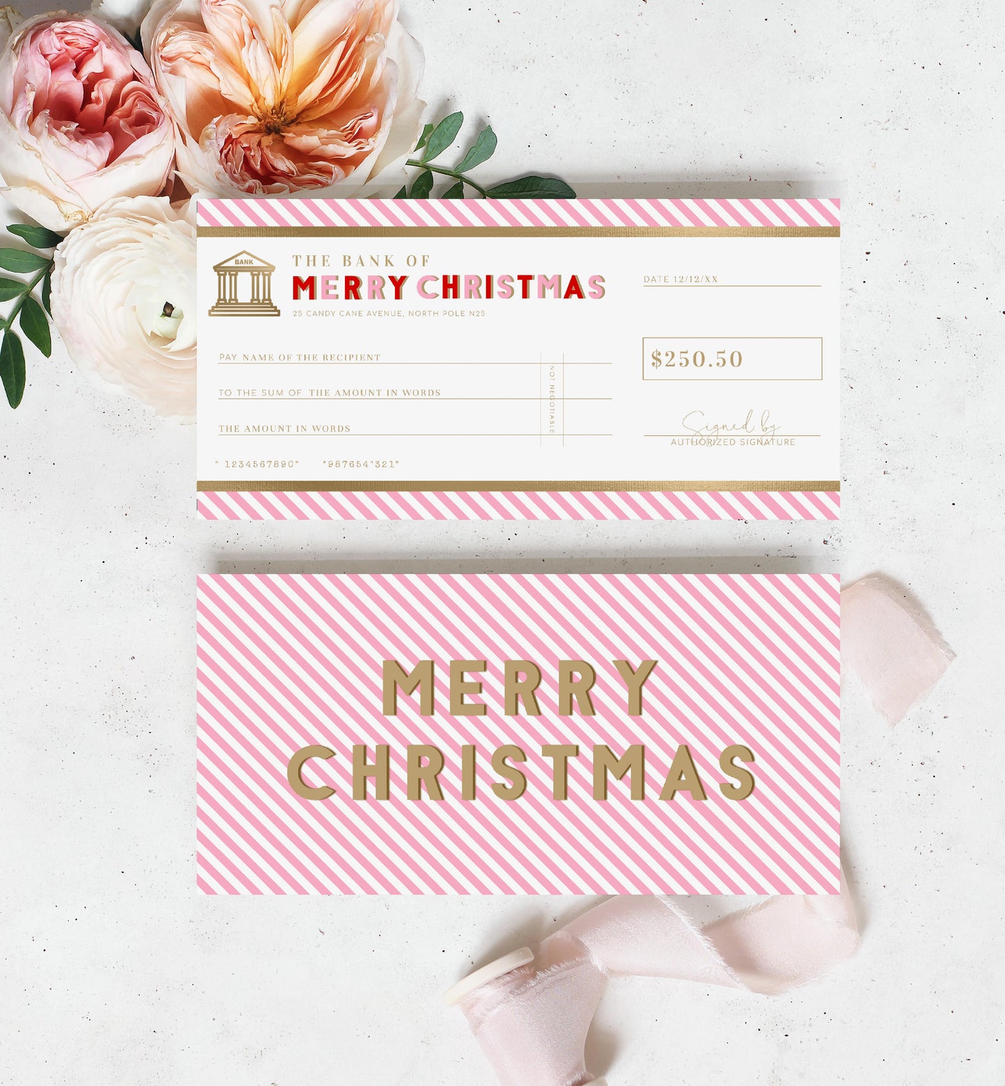 Stripe Pink Gold | Printable Christmas Cheque Gift Voucher