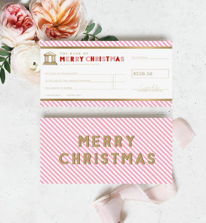 Stripe Pink Gold | Printable Christmas Cheque Gift Voucher