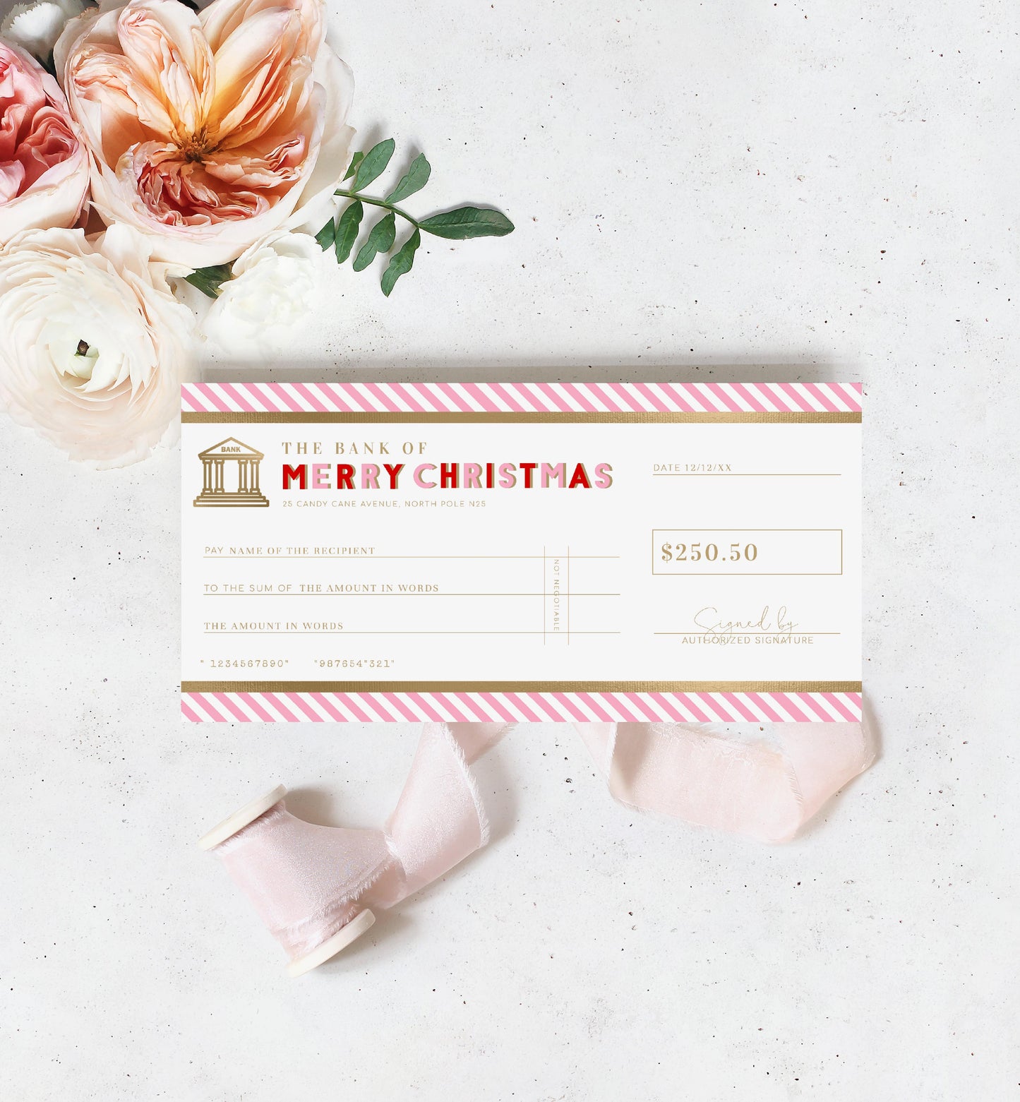 Stripe Pink Gold | Printable Christmas Cheque Gift Voucher