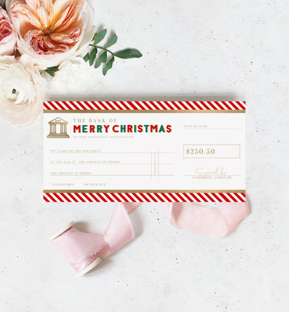 Christmas Cheque Template, Fake Bank Cheque Gift Voucher, Christmas Bonus Cheque, Novelty Bank Cheque, Custom Printable Gift Certificate Christmas Present, Christmas Gift Coupon, Stripe