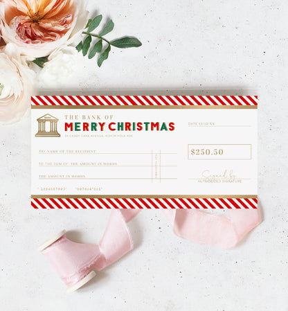 Christmas Cheque Template, Fake Bank Cheque Gift Voucher, Christmas Bonus Cheque, Novelty Bank Cheque, Custom Printable Gift Certificate Christmas Present, Christmas Gift Coupon, Stripe