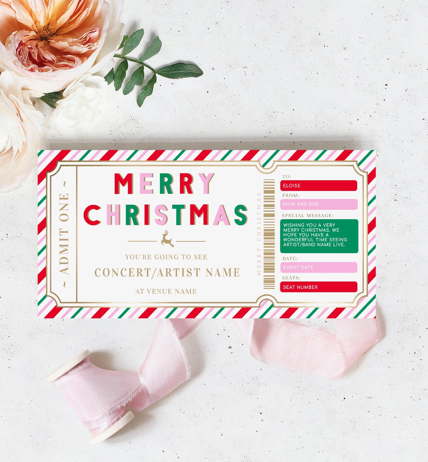 Stripe Multi Gold | Printable Christmas Concert Custom Gift Voucher Template