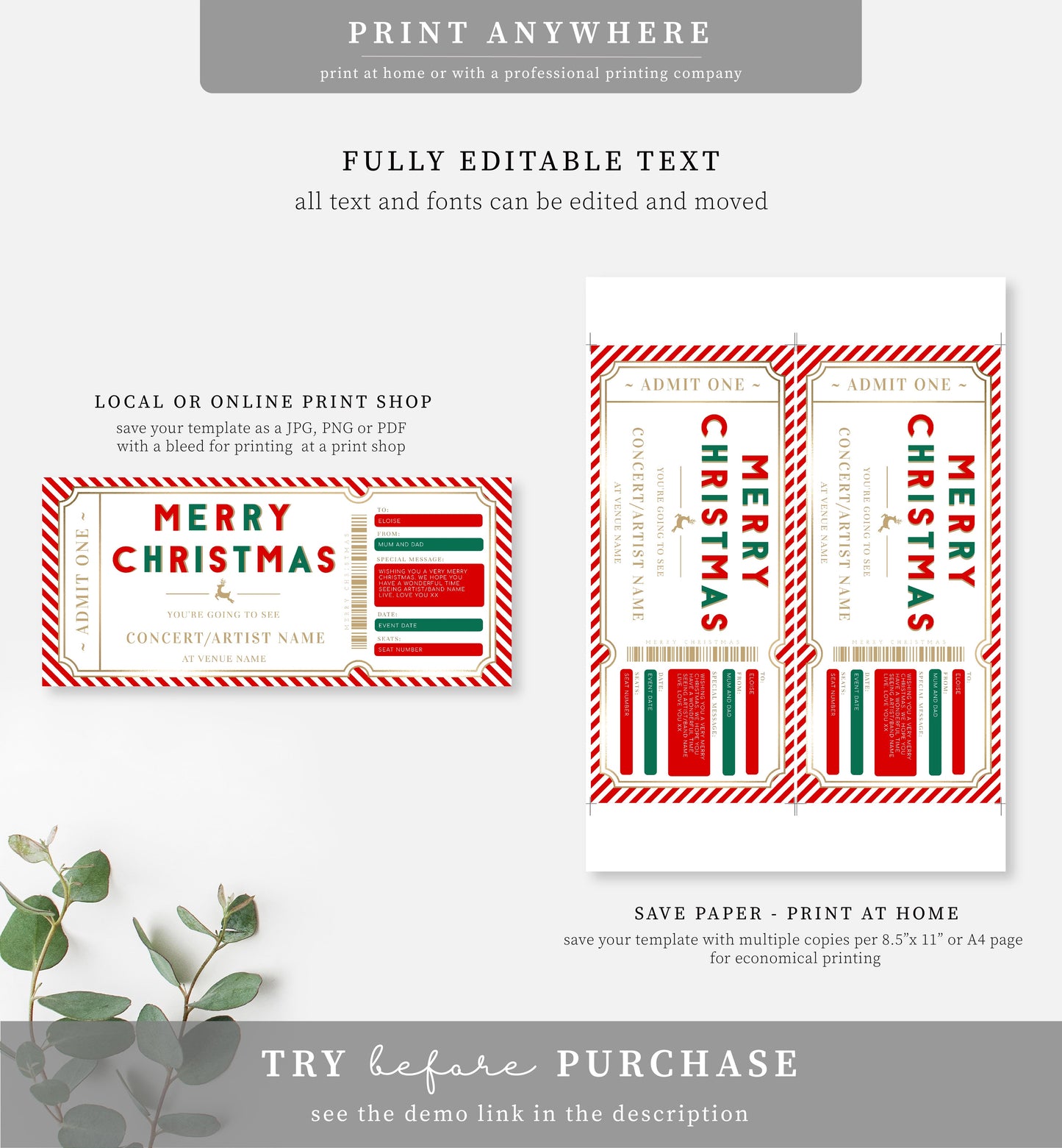 Stripe Red Gold | Printable Christmas Concert Custom Gift Voucher Template