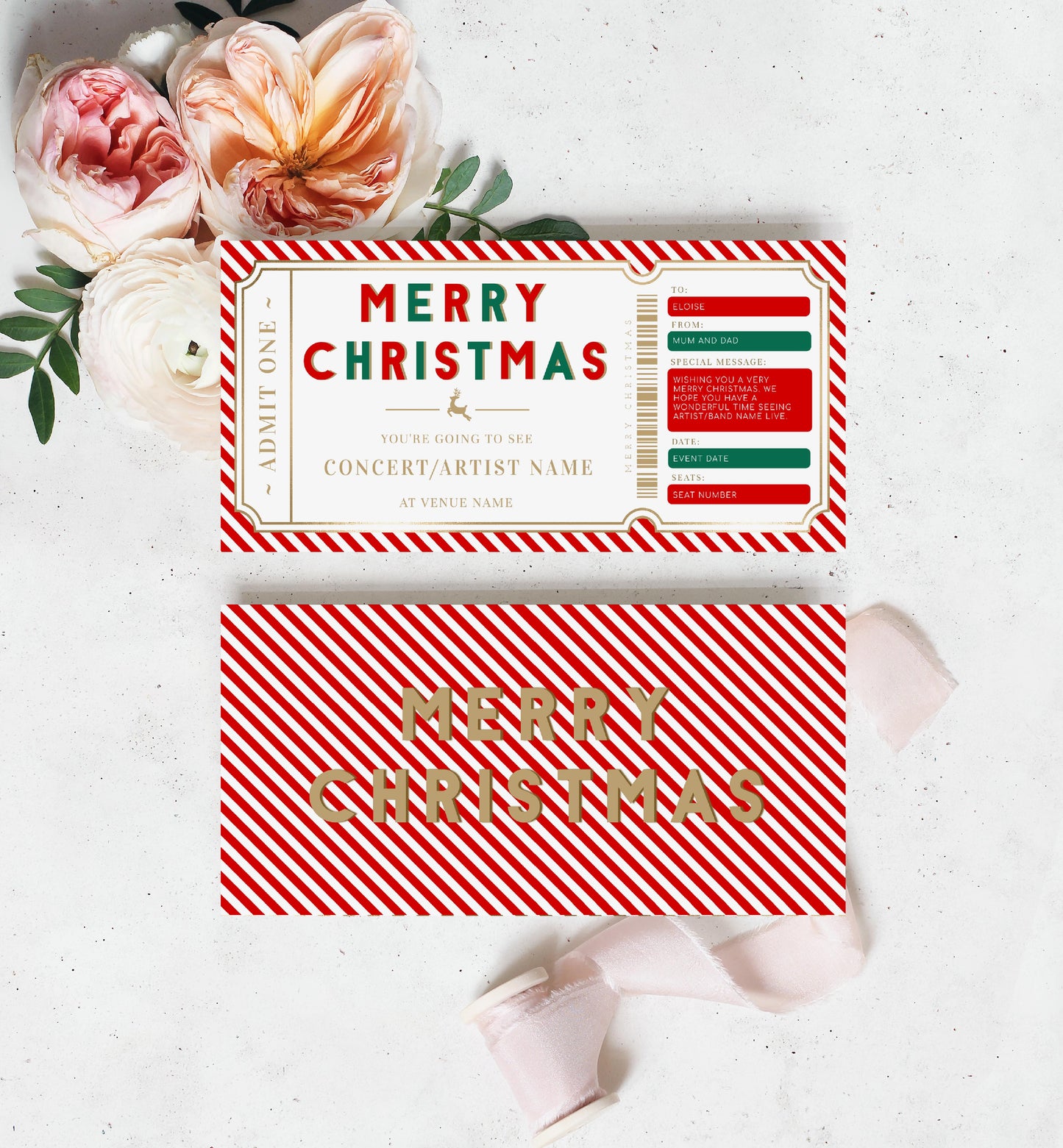 Stripe Red Gold | Printable Christmas Concert Custom Gift Voucher Template