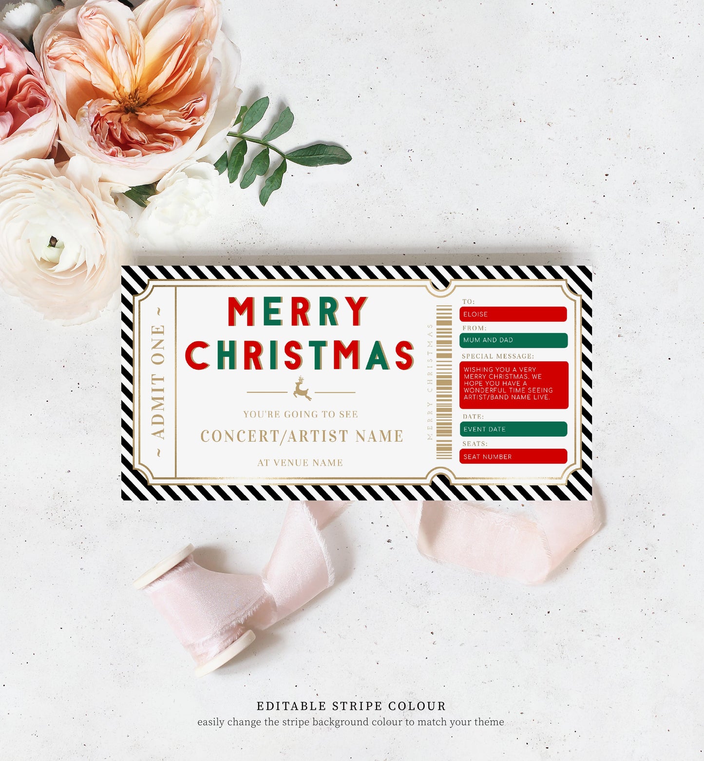 Stripe Red Gold | Printable Christmas Concert Custom Gift Voucher Template