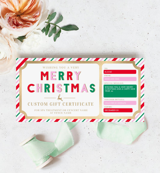 Stripe Pink Multi | Printable Christmas Custom Gift Voucher Template