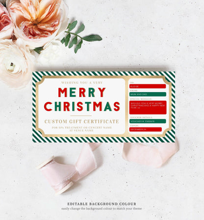 Stripe Red Gold | Printable Christmas Custom Gift Voucher Template