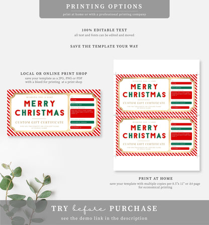 Stripe Red Gold | Printable Christmas Custom Gift Voucher Template