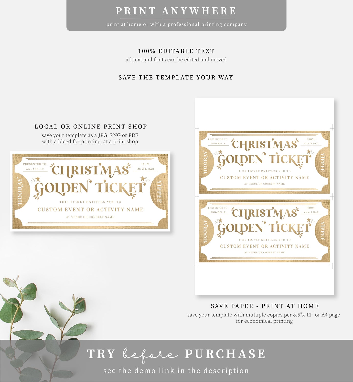 Golden Ticket Gold | Printable Christmas Custom Gift Voucher Template