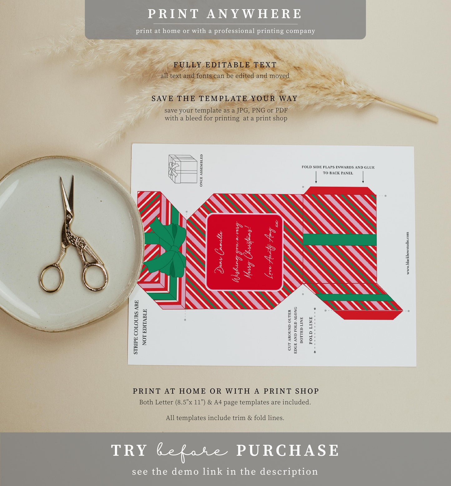 Stripe Red Green | Printable Christmas Present Money Wallet Template