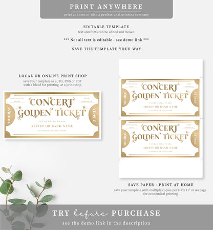 Golden Ticket Gold | Printable Concert Custom Gift Voucher Template