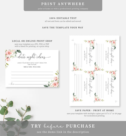 Darcy Floral Pink | Printable Date Night Ideas Sign and Card Template