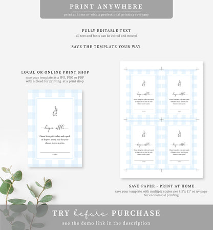 Gingham Blue Bunny | Printable Diaper Raffle Sign & Ticket Template