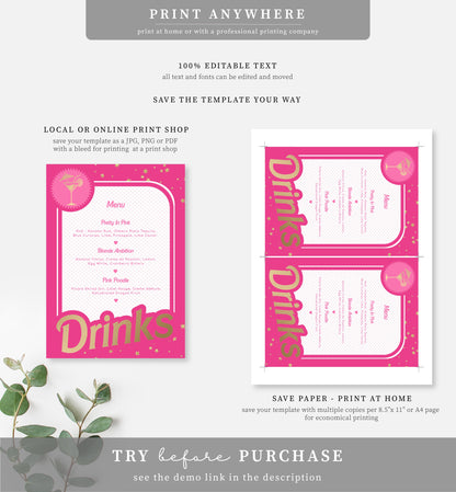 Barbie Party Hot Pink Gold | Printable Bar Menu Sign Template