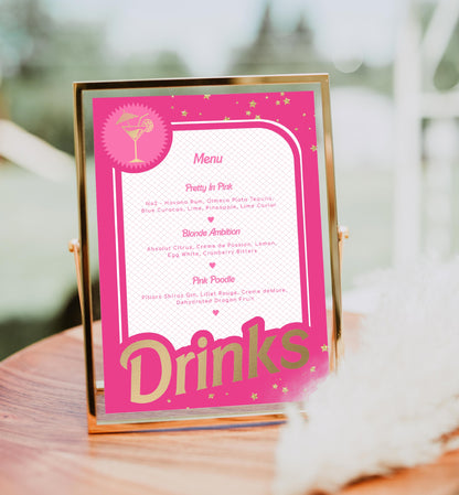 Barbie Party Hot Pink Gold | Printable Bar Menu Sign Template