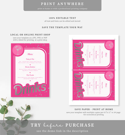 Barbie Party Hot Pink Silver | Printable Bar Menu Sign Template