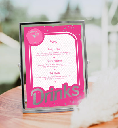 Barbie Party Hot Pink Silver | Printable Bar Menu Sign Template