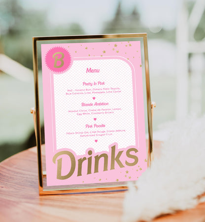 Barbie Party Pink Gold | Printable Bar Menu Sign Template - Black Bow Studio